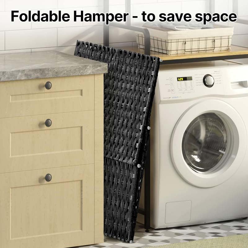 Greenstell Laundry Hamper with 2 Removable Liner Bags, Foldable Divided Clothes Hamper, 90L Handwoven Rattan Laundry Basket with Lid and Handles, No Assembly Needed, 18.3x13.3x24 Inches, Black