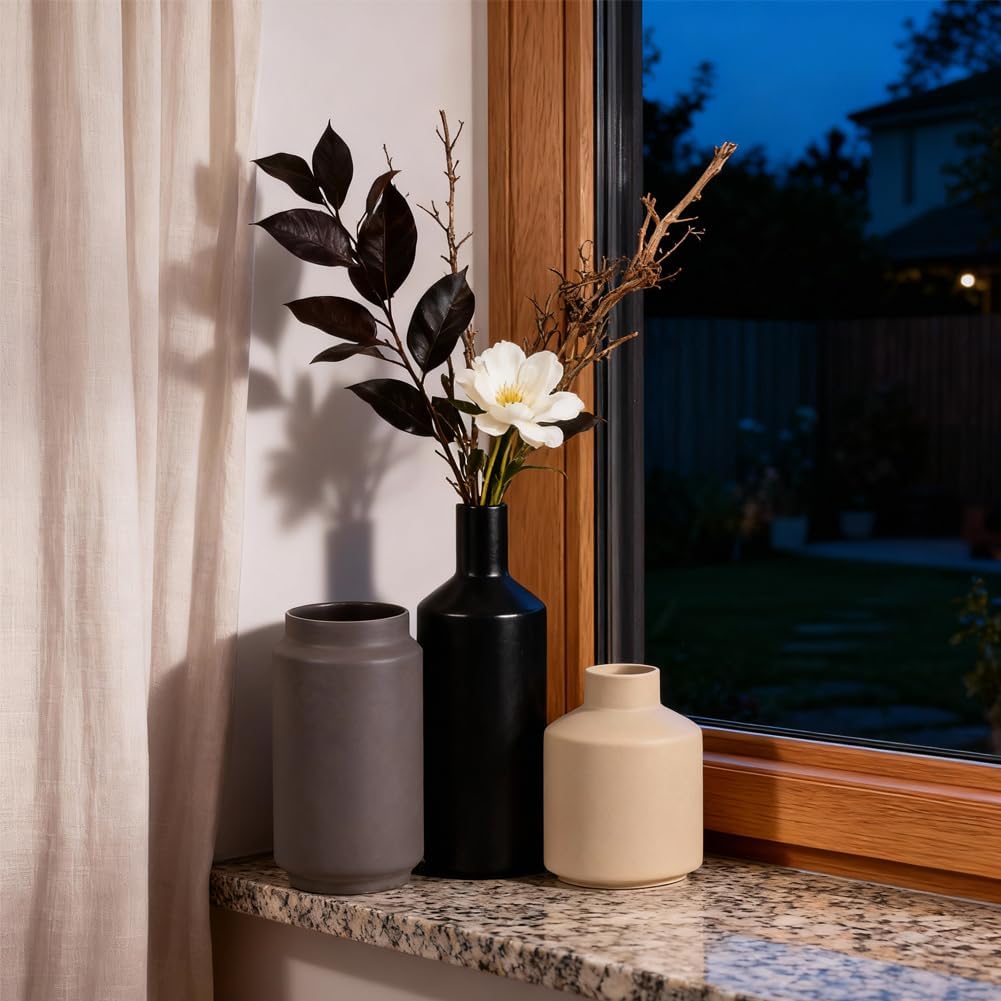Neutral Ceramic Vase Set of 3 – Modern Decorative Vases, Small Flower Pottery Vase Sets, Boho Farmhouse Rustic Vases for Living Room, Kitchen, Bedroom, Bathroom, Shelf, Table