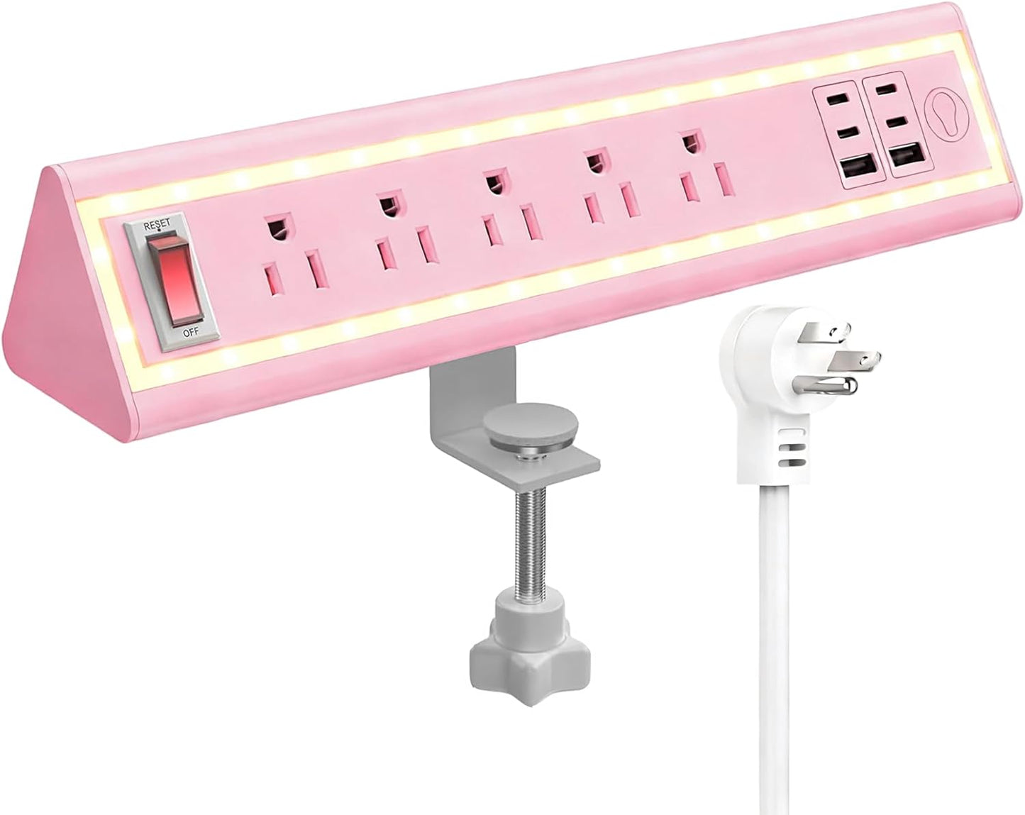 Desk Clamp Power Strip with Nightlight, 40W Fast Charging, 10FT Extension Cord, 4x20W USB-C & 2 USB Ports, 5 AC Outlets, Fits 1.69-Inch Table Edges
