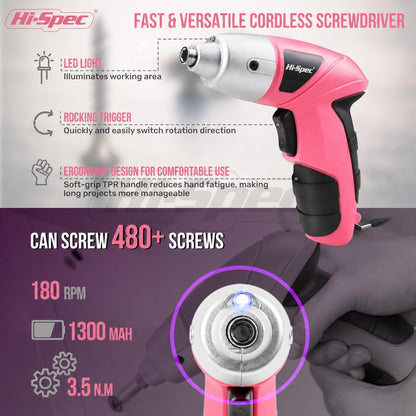 Hi-Spec Cordless Electric Screwdriver, Power Screw Driver Set with Pink Compact Tool Kit for Small Repair and Maintenance- Ideal Housewarming Gift,19 Piece