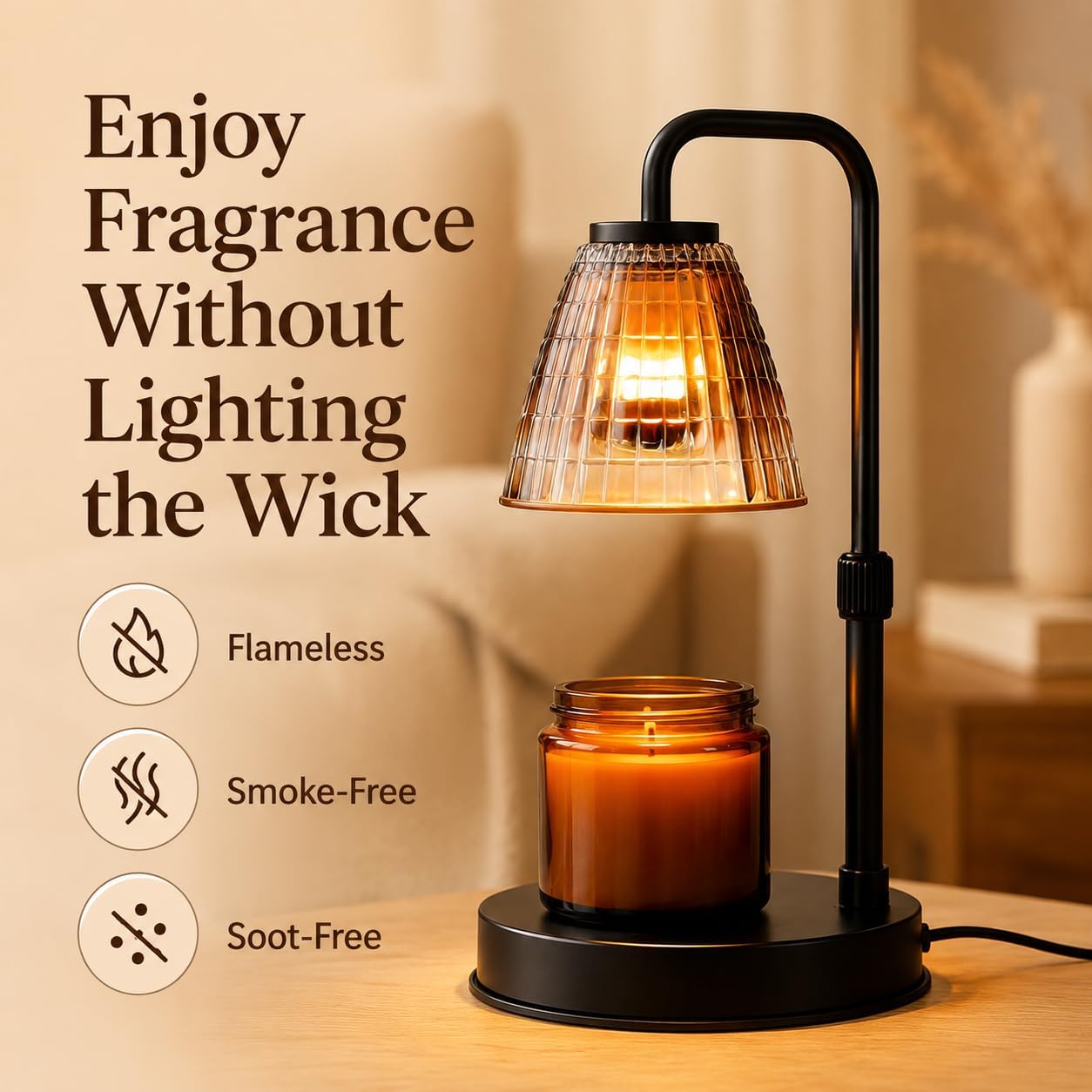 Candle Warmer Lamp with Timer, Dimmer, Vintage Glass Shade | Adjustable height, 2/4/8-hour timer, wood base, 2 bulbs included