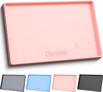 ukeetap Extra Thick Silicone Mat Waterproof with Raised Edge 19” x 12”, BPA Free Non-Slip Dog & Cat Food Mat, Feeding Mat for Food and Water Bowls, Spill Proof Mat to Protect Floors, Black