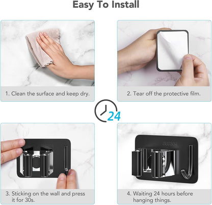 homeasy Mop Broom Holder No Drill, Mop Broom Organizer Wall Mounted Heavy Duty with Hooks Hanger, Self Adhesive Stainless Steel 4Pcs for Bathroom, Kitchen, Office (Silver)