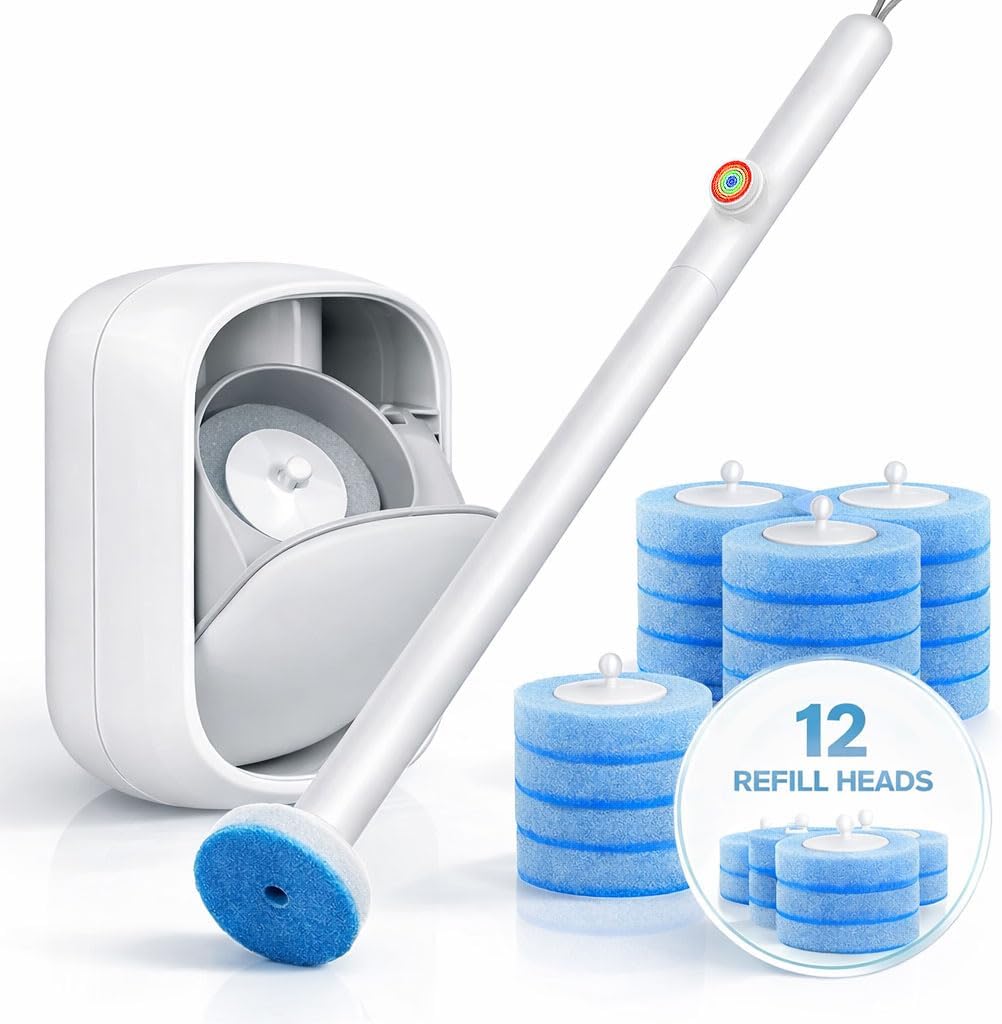 Disposable Toilet Cleaner Wand and Holder Set, Wall Mounted Toilet Bowl Brush Kit with 12 Refill Heads, Hygienic Toilet Cleaning System for Bathroom and RV