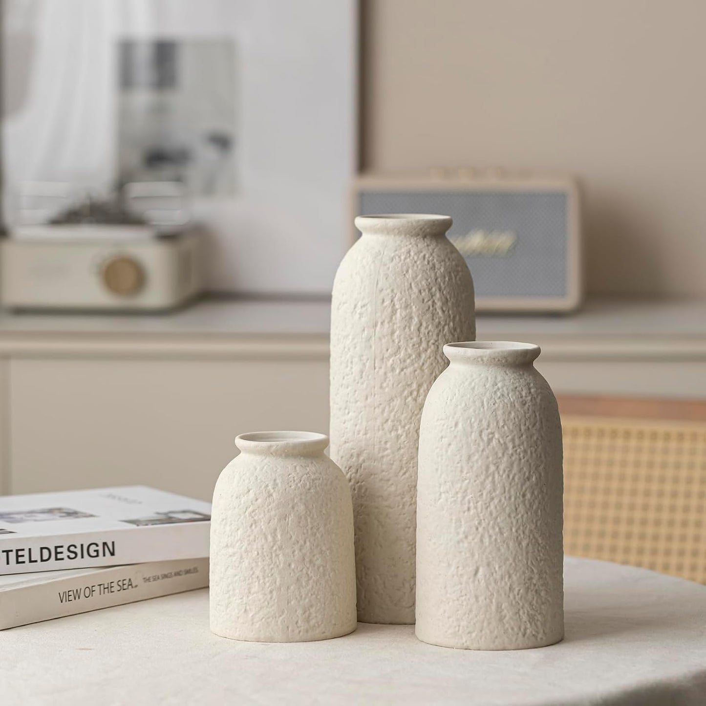 Ceramic Vase Set-3, Small Flower Vases for Decor, Modern Boho Farmhouse Style, Decorative Vases for Pampas Grass & Dried Flowers, Distressed Finish (Beige)
