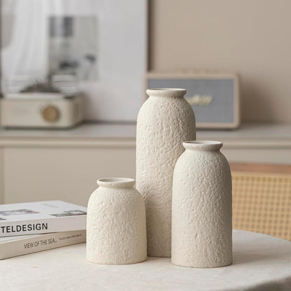 Ceramic Vase Set-3, Small Flower Vases for Decor, Modern Boho Farmhouse Style, Decorative Vases for Pampas Grass & Dried Flowers, Distressed Finish (Beige)