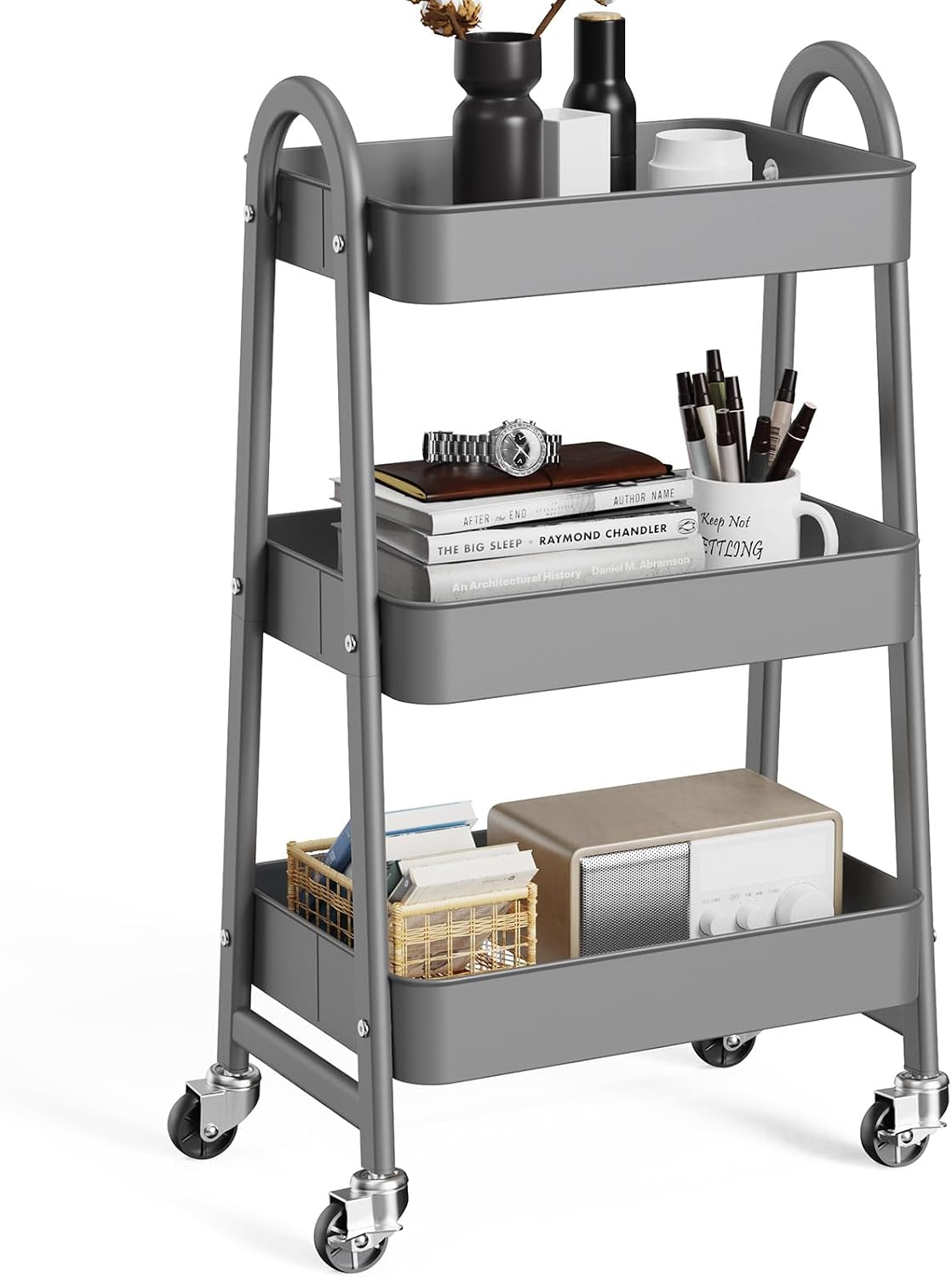 OLIXIS Metal 4 Tiers Utility Rolling Cart, Mobile Storage Shelf with Lockable Caster Wheels, Organization for Livingroom, Bathroom, Kitchen, & Narrow Places, 4-Tier Green