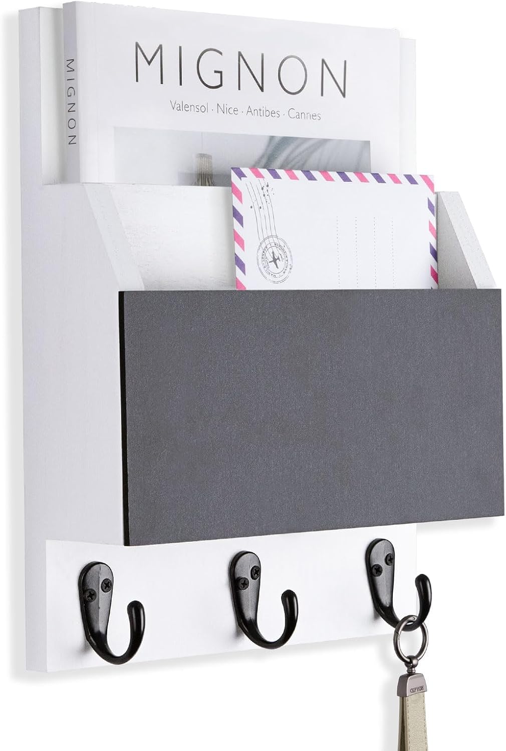 Key and Mail Holder for Wall Mount, Entryway Mail Holder with 2 Slot, Key Holder with 3 Sturdy Hooks for Coat, Dog Leash, Decorative Key Rack (8.86”W x 11.42”H x 3”D) (Black)