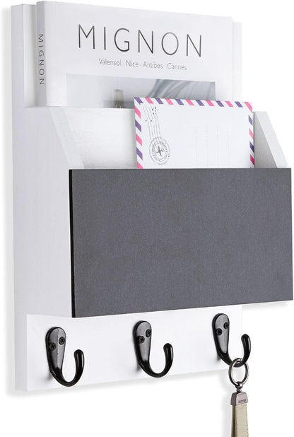Key and Mail Holder for Wall Mount, Entryway Mail Holder with 2 Slot, Key Holder with 3 Sturdy Hooks for Coat, Dog Leash, Decorative Key Rack (8.86”W x 11.42”H x 3”D) (Black)