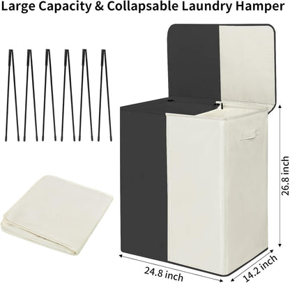 WOWLIVE Double Laundry Baseket with Lid and Removable Laundry Bags,154L Large Laundry Hamper 2 Section Collapsible Dirty Clothes Hamper for Laundry Room,College Dorm,Bathroom,Black and Beige