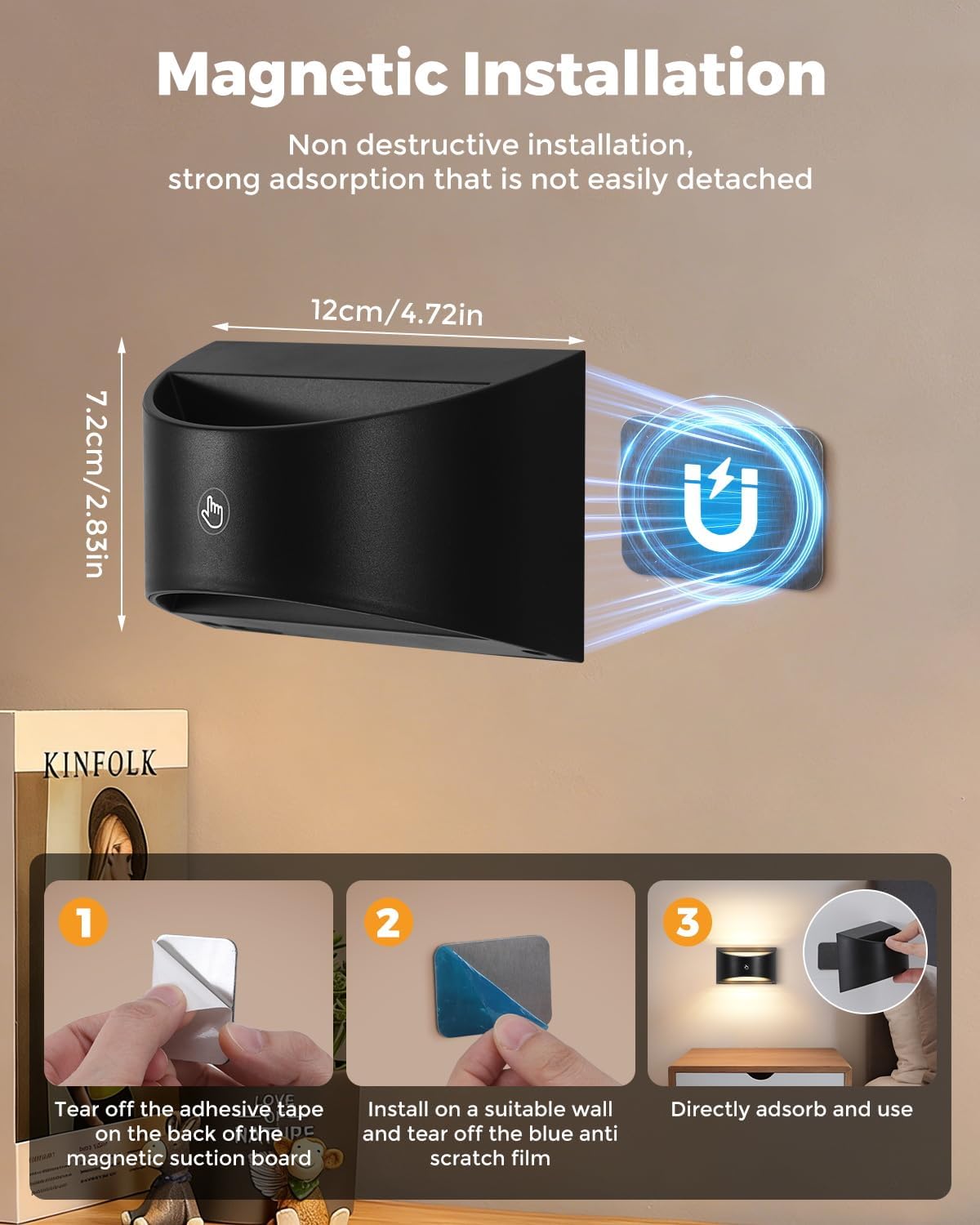 Battery Powered Wall Sconces Set of Two, Rechargeable Magnetic Wall Sconce with Remote Control, 3 Colors Wireless Up and Down Wall Mount Light for Bedroom Hallway Bedside Living Room(Black)
