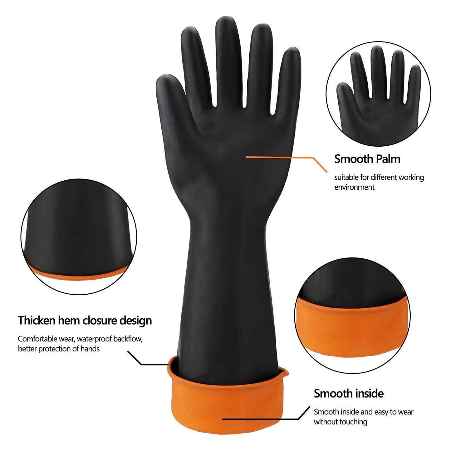 Black Rubber Gloves Extra Large, 22" Long Chemical Resistant Gloves, Waterproof Reusable Dishwashing Household Cleaning Safety Work Heavy Duty Industrial Rubber Glove, 1 Pair XXL