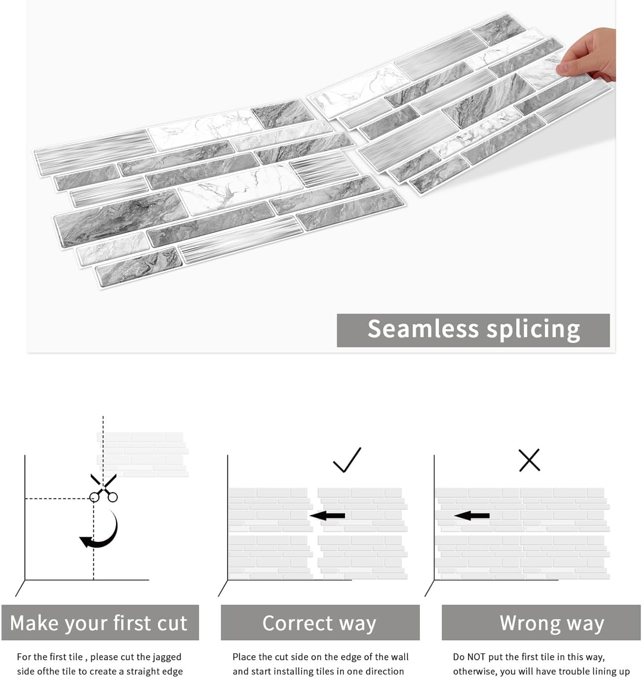 Heikki Peel-and-Stick Self-Adhesive Wall Tiles, 4.7×9.7-inch Kitchen & Bathroom Splashback Tiles, Marble Pattern Design (48-Piece Set) (Black-Gray)
