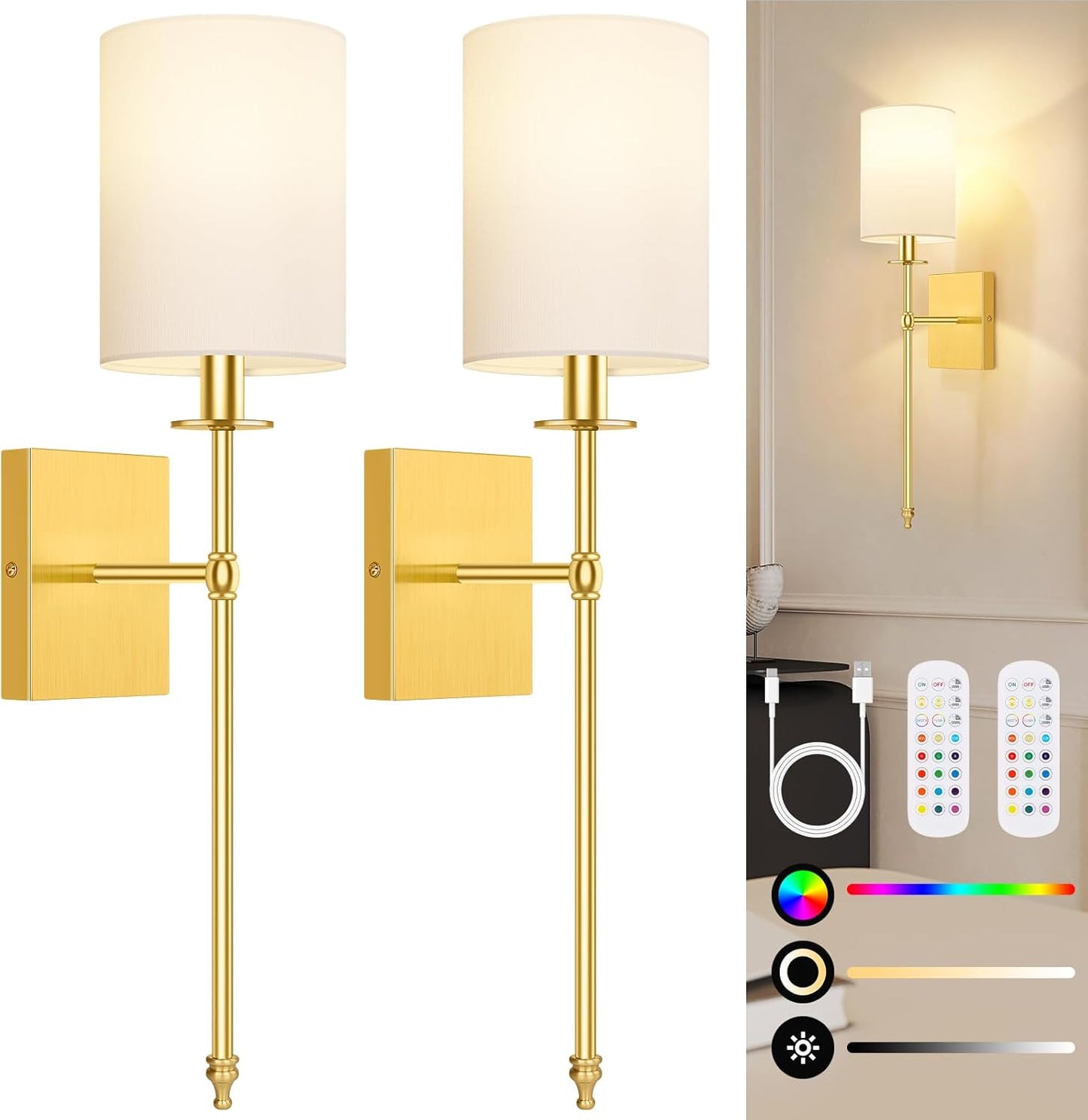 24.8 Inch Black Battery Operated Wall Sconces Set of 2, Rechargeable Wireless Wall Lights with Remote & White Fabric Shade, Indoor Not Hardwired Dimmable Wall Lamps for Bedroom, 2 Bulbs Included