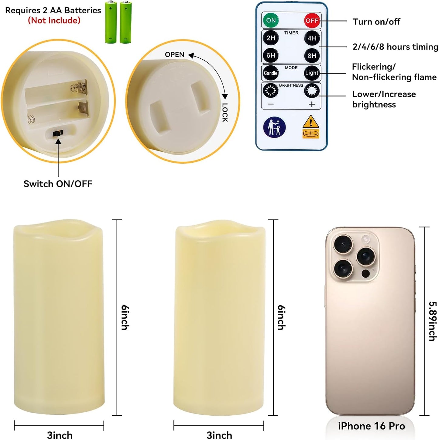 Raycare Outdoor Waterproof Flameless Candles, Battery Operated LED Electric Candles with Remote and Timers, Fake Pillar Candle for Patio, Porch, and Wedding Decor, Ivory, Set of 3(3"x4" 5" 6")