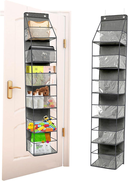 4-Shelf Over The Door Hanging Pantry Organizer, Behind The Door Storage Organizer, with Clear Plastic Pockets, for Bedrooms, Closets, Bathrooms, Small Apartments, College Dorms (Grey)