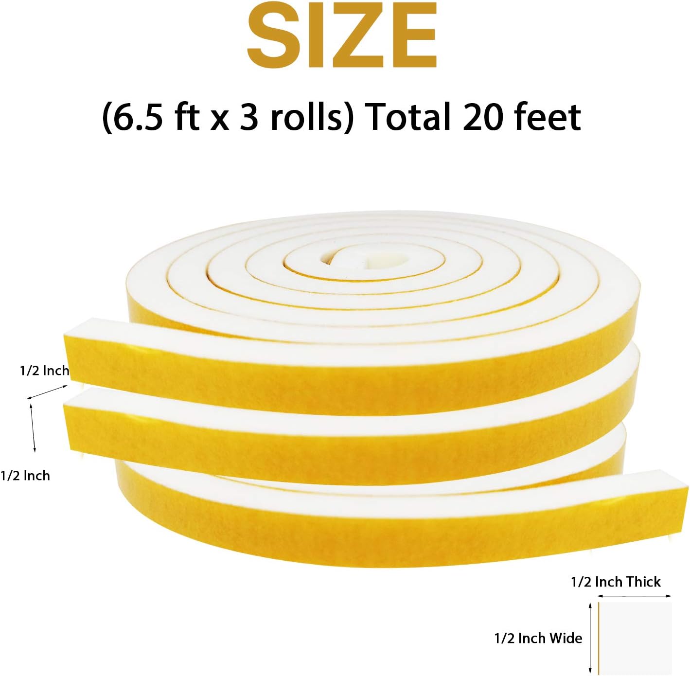Door Weather Stripping-3 Rolls, 1/2 Inch Wide X 1/2 Inch Thick Total 20 Feet Long, Adhesive Foam Seal Tape for Window Insulation(6.5ft x 3 Rolls)