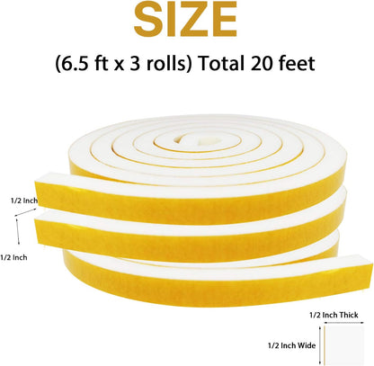 Door Weather Stripping-3 Rolls, 1/2 Inch Wide X 1/2 Inch Thick Total 20 Feet Long, Adhesive Foam Seal Tape for Window Insulation(6.5ft x 3 Rolls)
