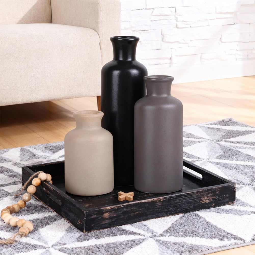 Ceramic Vase Set of 3 – Small Flower Vases, Modern Farmhouse Boho Flower Vases for Home Decor, Rustic Pottery Vases for Centerpieces, Living Room, Shelf, Fireplace, Entryway Decor, Table or Cabinet