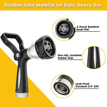 FANHAO Heavy Duty Fireman's Hose Nozzle, Metal Water Nozzle with 8 Spray Patterns, High Pressure Garden Hose Sprayer with Lever Control and Non-Slip Grip to Water Plants & Lawns, Wash Cars & Clean
