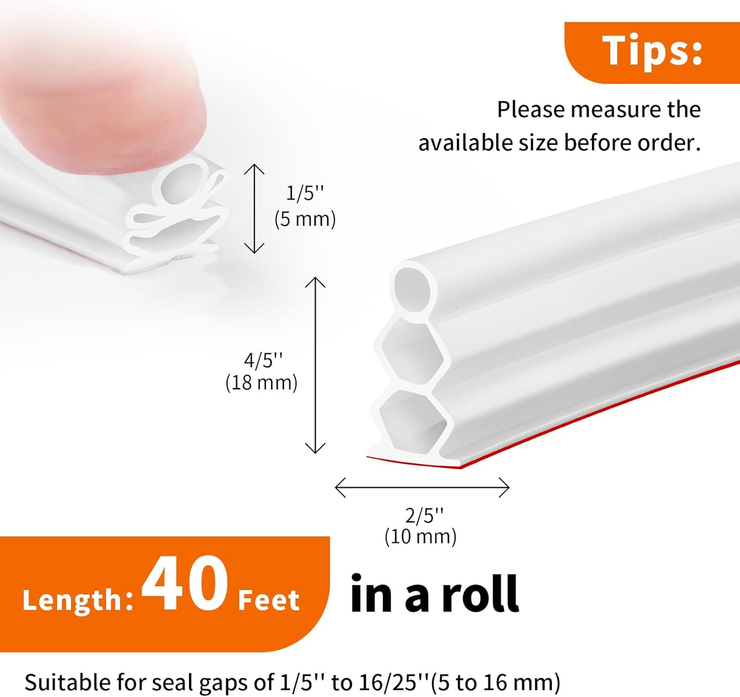 40 Feet Self-Adhesive Rubber Weather Stripping Fits Big Gaps, Extra Thick Rubber Door Weather Stripping Door Seal Strip for Door Frame Door Insulation Strip Waterproof(White)