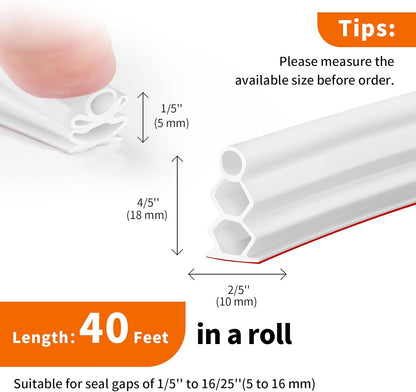 40 Feet Self-Adhesive Rubber Weather Stripping Fits Big Gaps, Extra Thick Rubber Door Weather Stripping Door Seal Strip for Door Frame Door Insulation Strip Waterproof(White)