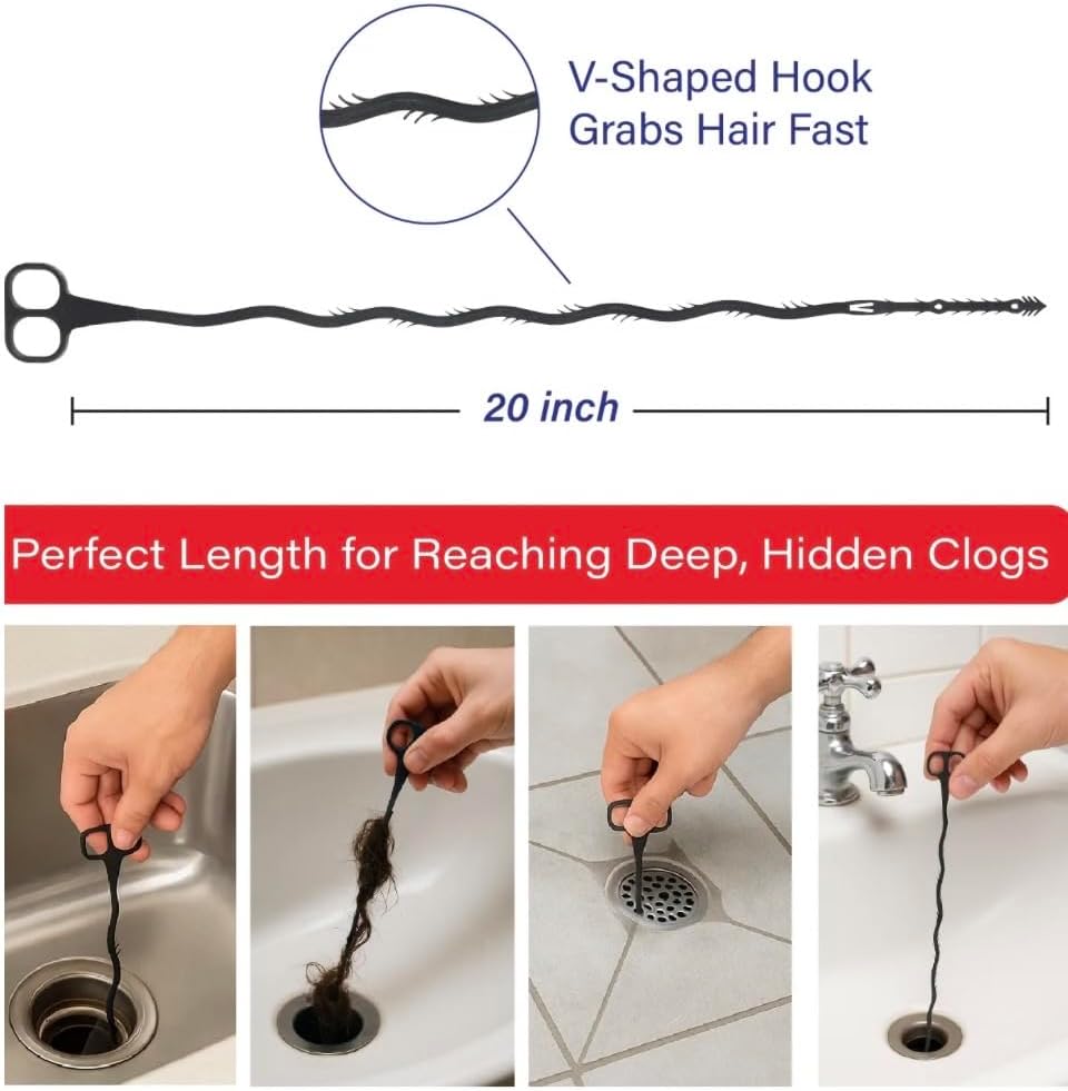 18-Inch Drain Snake Hair Clog Remover Tool - 2 Pack Flexible Plastic Drain Auger with Dual Ring Grip, Wave Design & Spiked Tip for Sink, Shower & Tub Cleaning