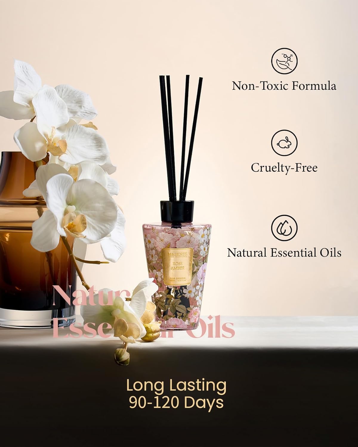 M&SENSE Reed Diffuser Set, Jasmine Sandalwood Scented 6.3 fl oz Natural Essential Oil Diffusers with Sticks, Non-Toxic Organic Air Freshener, Long-Lasting Fragrance Oils for Home Bathroom Living Room
