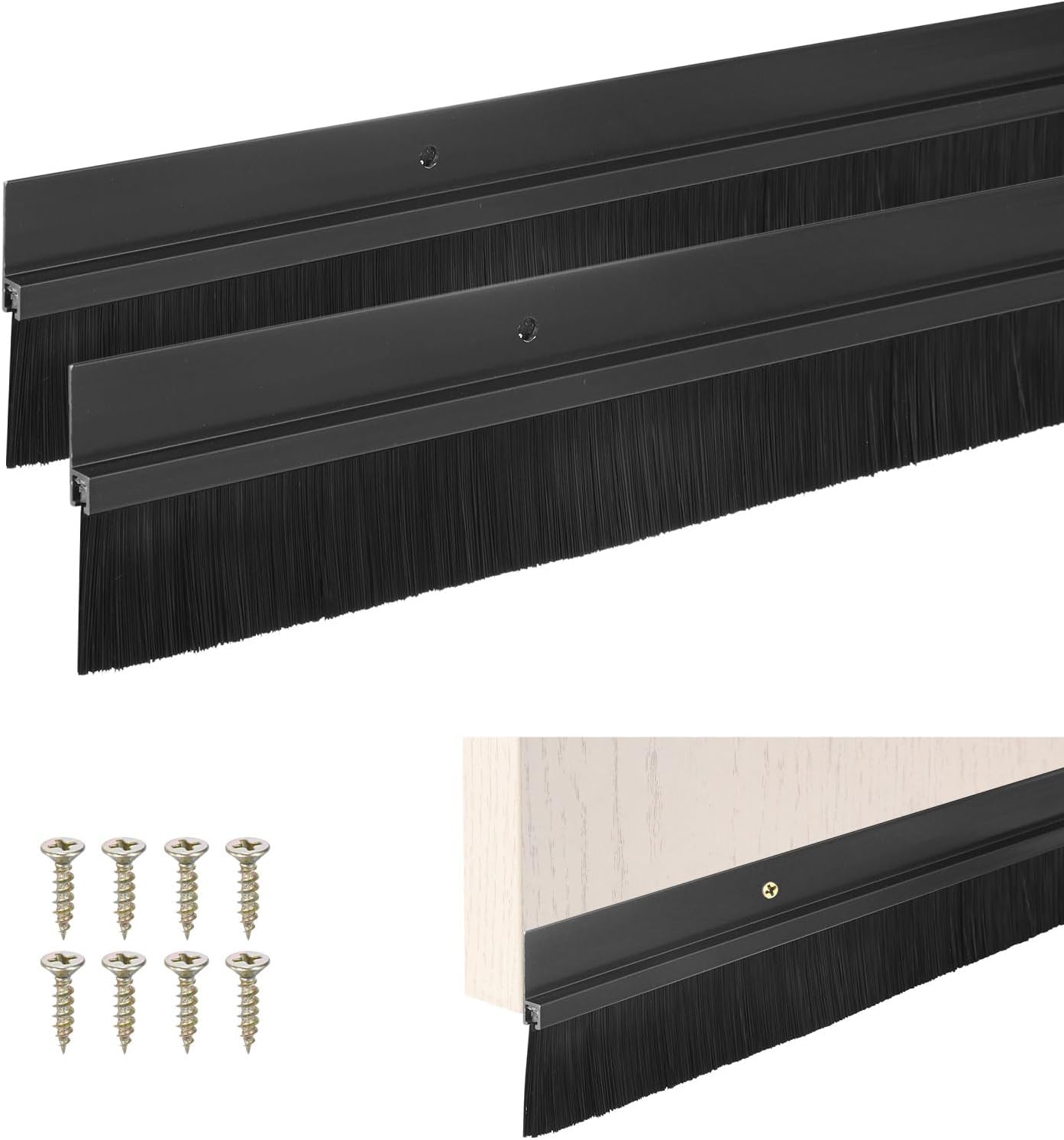 M METERXITY 2Pack Door Sweep - 39" Door Bottom Brush Heavy Duty Seal Draft Stopper Aluminum Base with 50mm Brush, Adhesive/Screw Installation for Interior/Exterior/Garage/Sliding Doors, Black