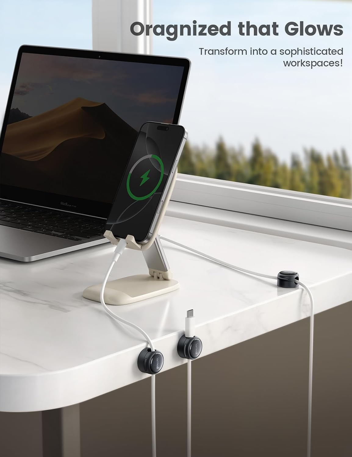 Lamicall 8 Pack Magnetic Cable Clips Cord Organizer - [Crystal-Clear & Silver Shine] Aesthetic Strong Adhesive Phone Charger Cable Management Clips for Nightstand, Home Office Desk Desktop Accessories