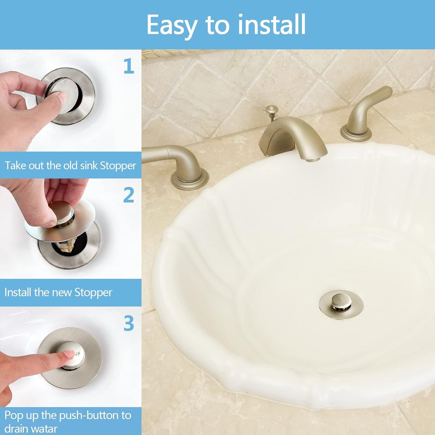 QYHNYJF Bathroom Sink Stopper with Hair Catcher – Universal Pop-Up Drain Strainer for 1.1–1.5 inch US Standard Sink Drain Holes, Anti-Clog Basin Stopper, Silver
