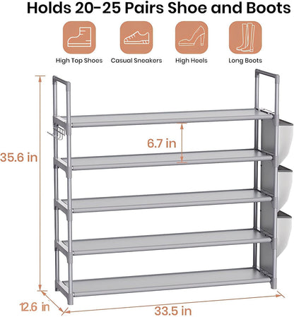 VILICK 5 Tier Shoe Rack with Hook and Side Pocket,Shoe Organizer Space Saver Storage for 20-25 Pair Shoe Storage Shelf Sturdy Free Standing Long Shoe Rack Organizer for Closet,Entryway,Small Spaces