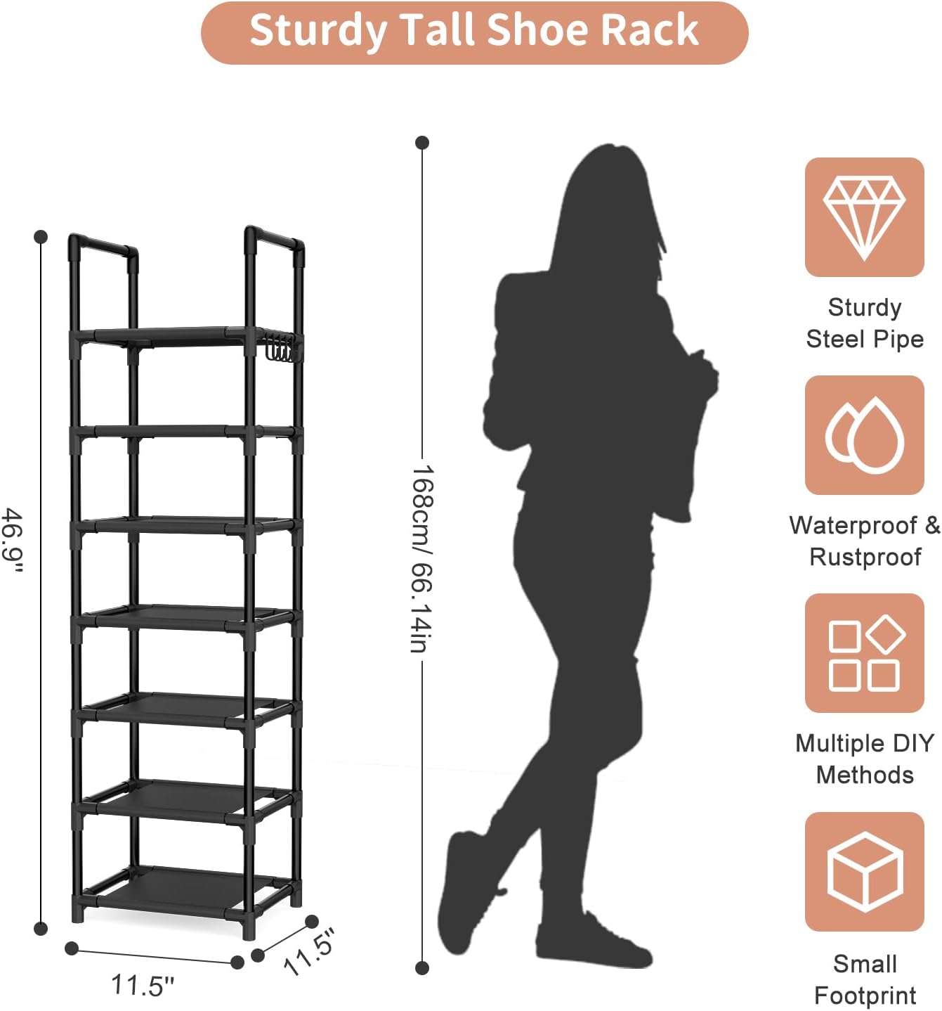 LANTEFUL Tall Narrow Shoe Rack for Entryway, 10-Tier Sturdy Metal Shoe Shelf Storage 10-15 Pairs of Shoes and Boots, Space Saving Corner Shoe Rack Organizer for Closet,Doorway,Garage,Living Room