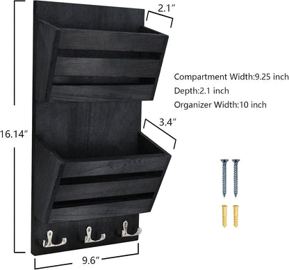 Unistyle Mail Organizer with 4 Hooks, Rustic Brown Wall Mount, Cedar Wood Key Holder for Letters, Magazines, Keys, Dog Leashes