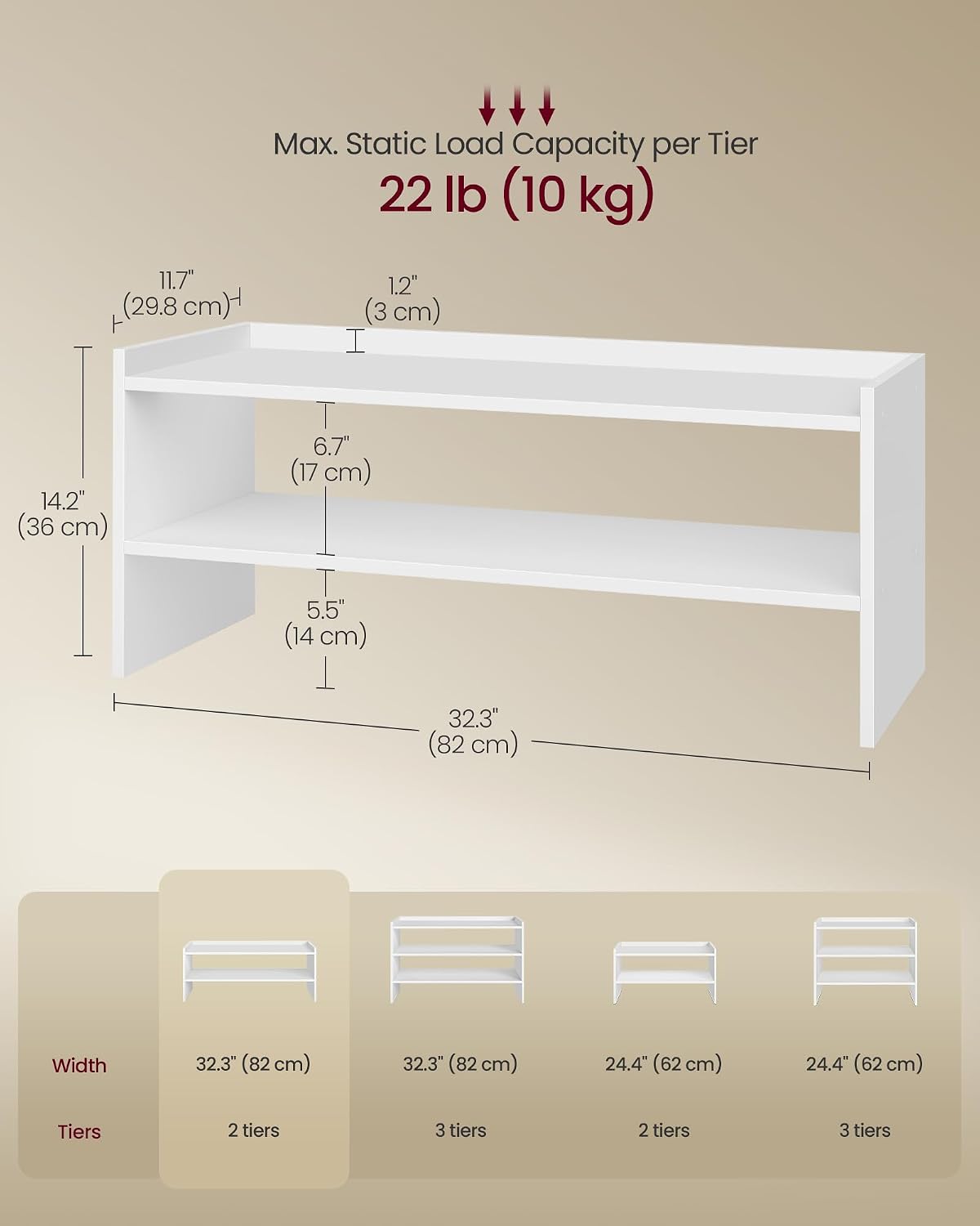 VASAGLE CUSTOS Collection - Shoe Rack for Closet, Stackable Shoe Organizer Shelf for Entryway, 2 Tiers, 11.7 x 24.4 x 14.2 Inches, White ULBS062WZ01S