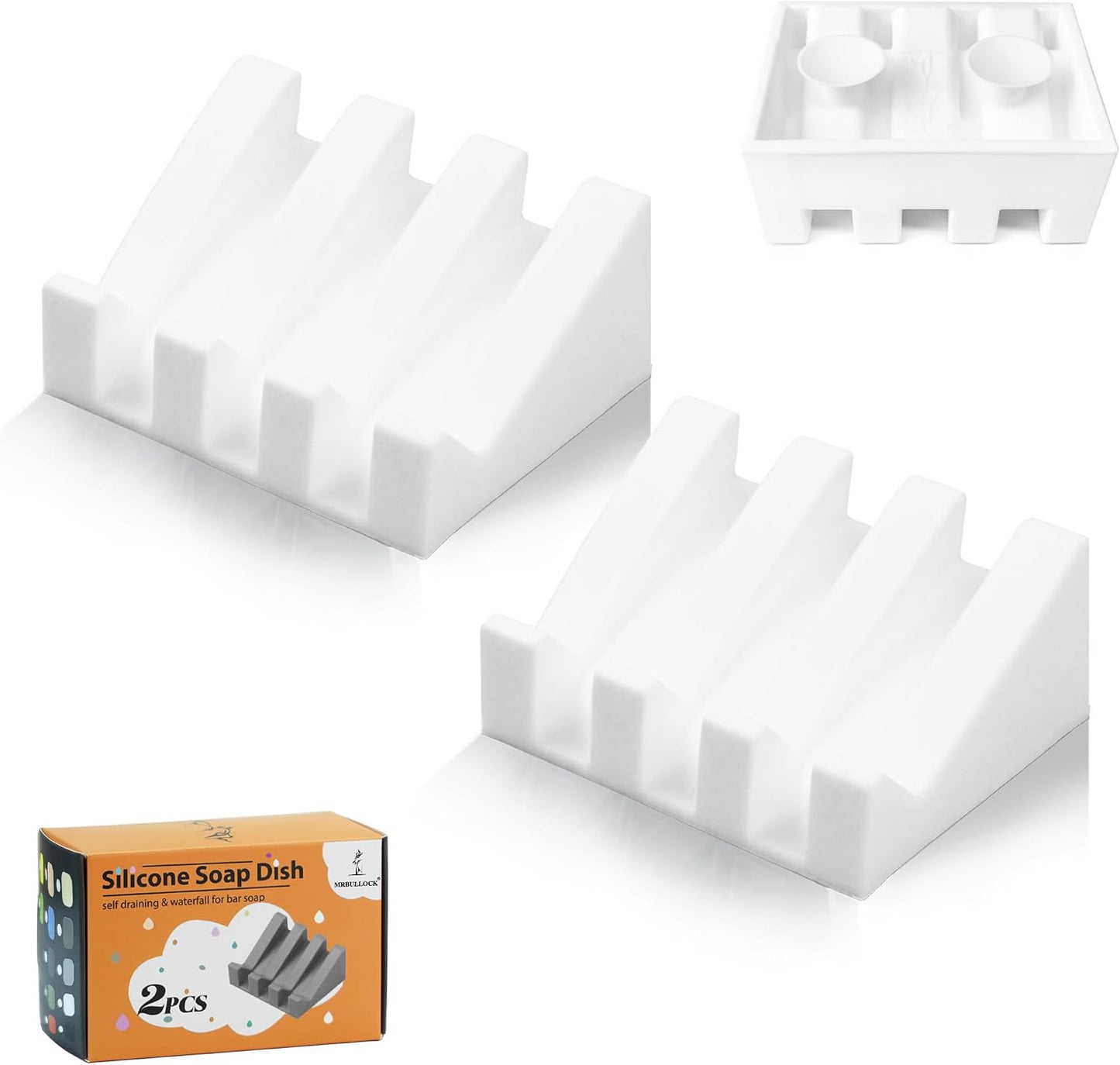 Self Draining Silicone Soap Dish with Suction Cups - Non-Slip Bar Soap Holder for Shower & Kitchen, Waterfall Tray Keeps Soap Dry, Easy Clean, Extends Soap Life (White, 1)