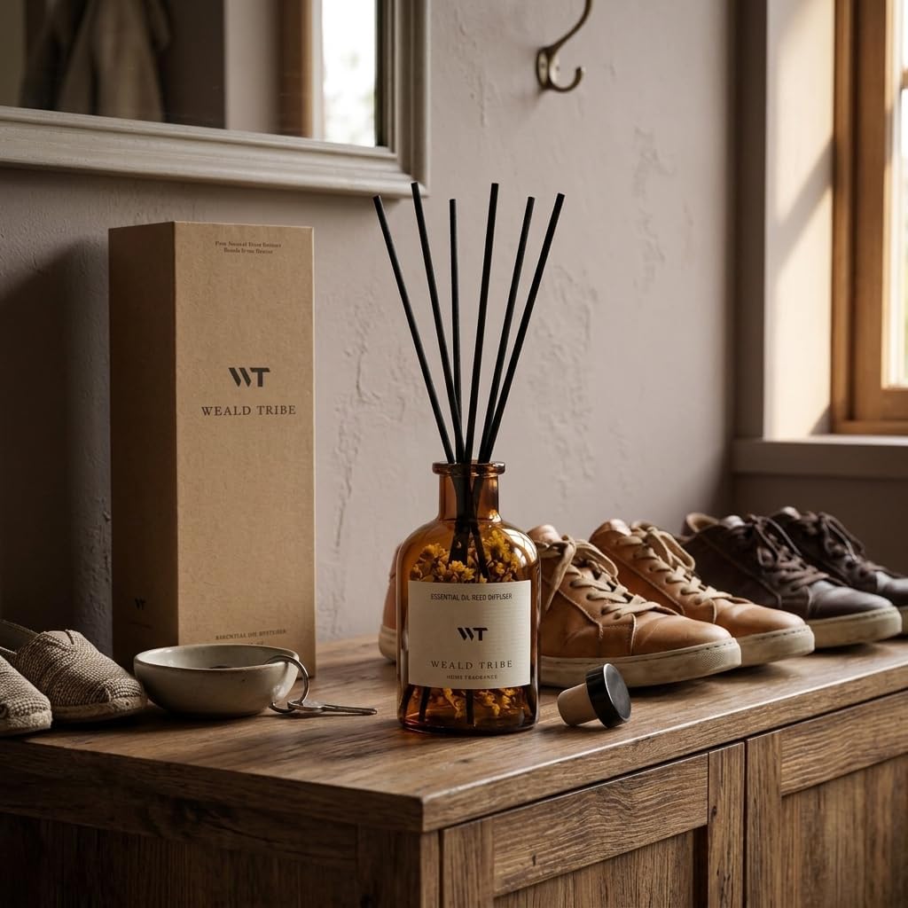 WEALD TRIBE Flower Reed Diffuser Set Eucalyptus & Lavender Scent For Bathroom Accessories Shelf Decor & Air Fresheners, Sticks Defusers With 4.0 fl oz Essential Oils, House Bedroom Office Decor & Gift
