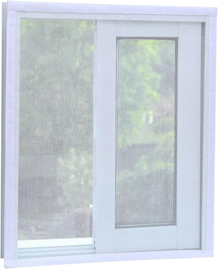 31.5" x 47.2" Self Adhesive Fiberglass Window Screen with Hook and Loop Tape, White Frame Mesh Screen Curtain Window Repair Kits