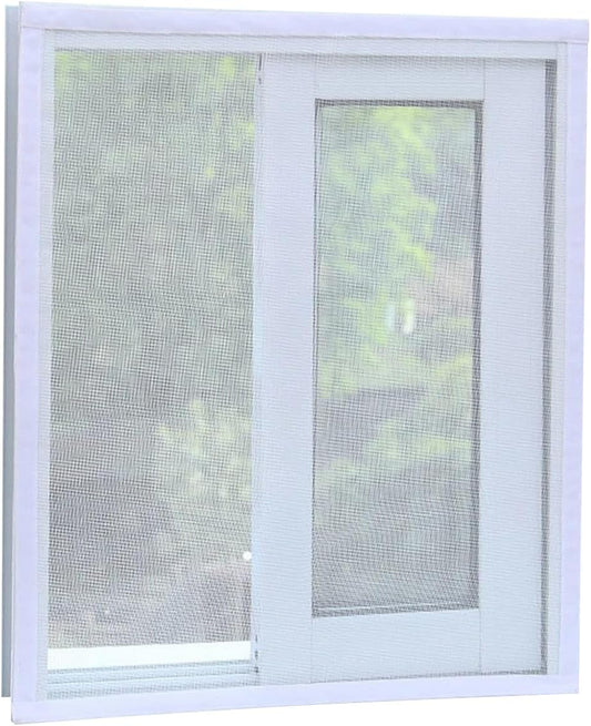 31.5" x 47.2" Self Adhesive Fiberglass Window Screen with Hook and Loop Tape, White Frame Mesh Screen Curtain Window Repair Kits