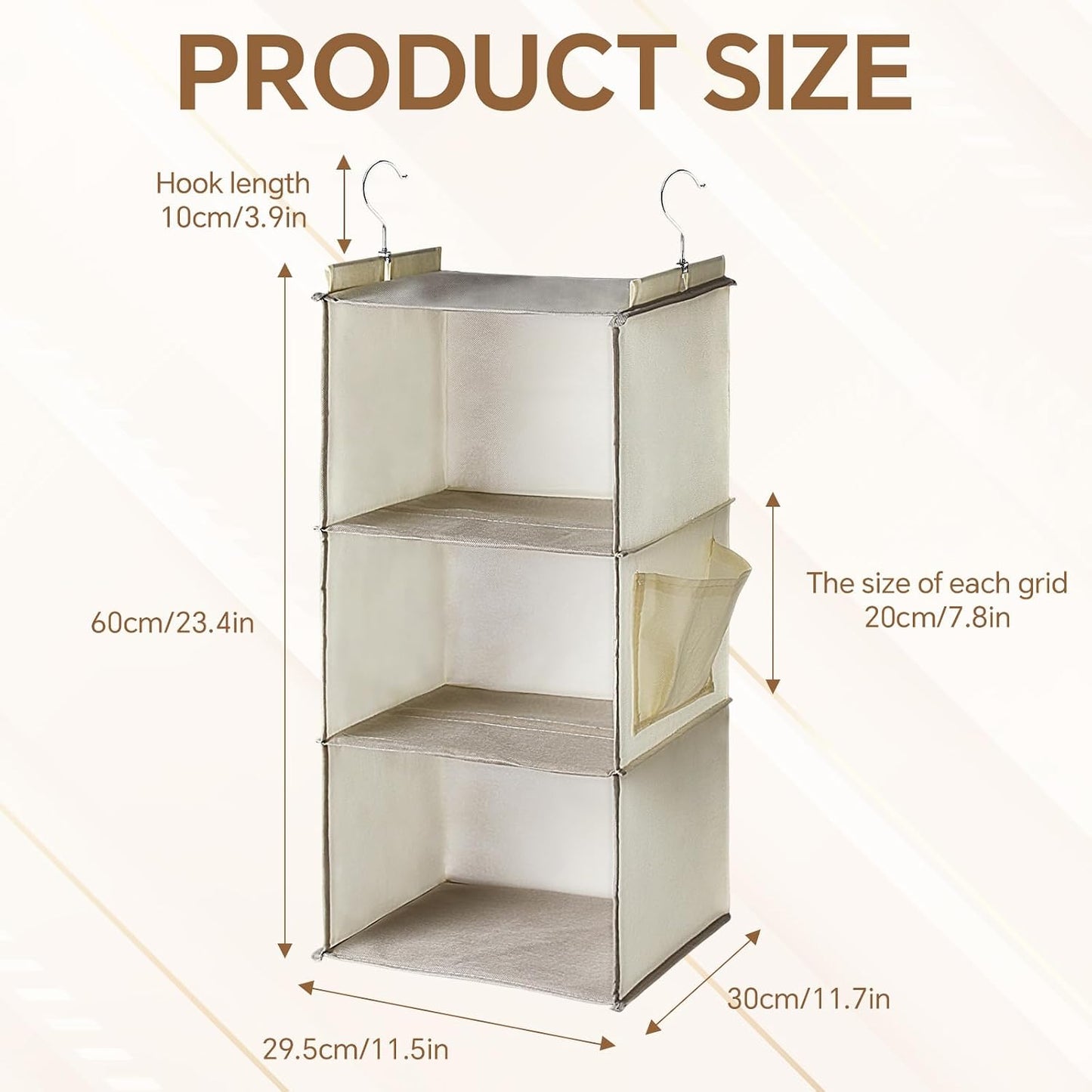 Leinuosen 4 Pack 3 Tier Hanging Closet Organizer Foldable 3 Shelf Closet Hanging Shelves with Side Pockets and Sturdy Hooks for Wardrobe Rv Nursery Small Closets Natural Beige
