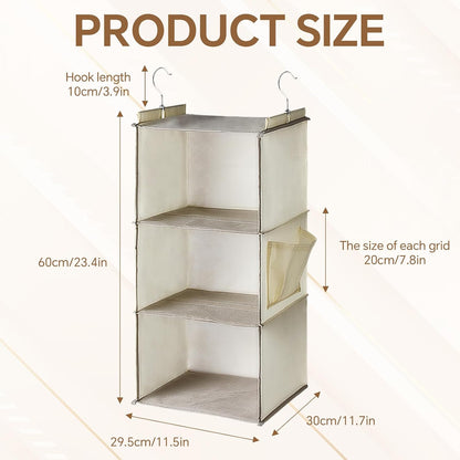 Leinuosen 4 Pack 3 Tier Hanging Closet Organizer Foldable 3 Shelf Closet Hanging Shelves with Side Pockets and Sturdy Hooks for Wardrobe Rv Nursery Small Closets Natural Beige