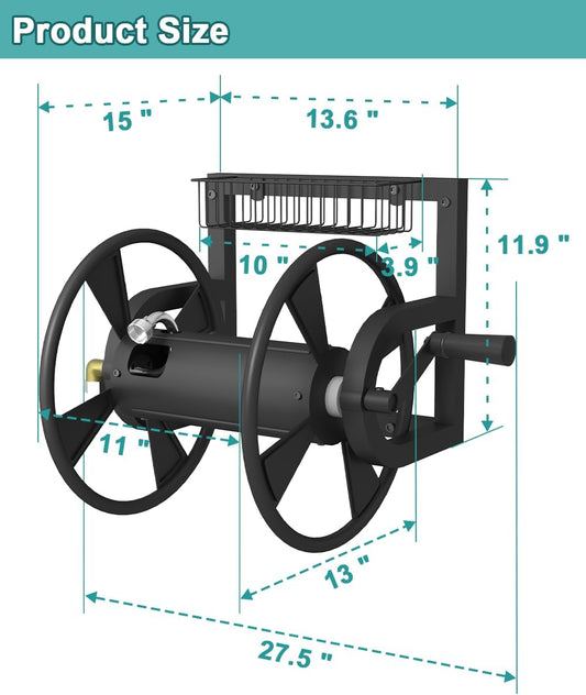 Artigarden Garden Wall Mounted Hose Reel, Outdoor Heavy-Duty Water Hose Holder Winder, Holds 125 Feet of 5/8-Inch Hose, with 3.9 ft Leader Hose, Water Fitting and Storage Basket for Yard, Black
