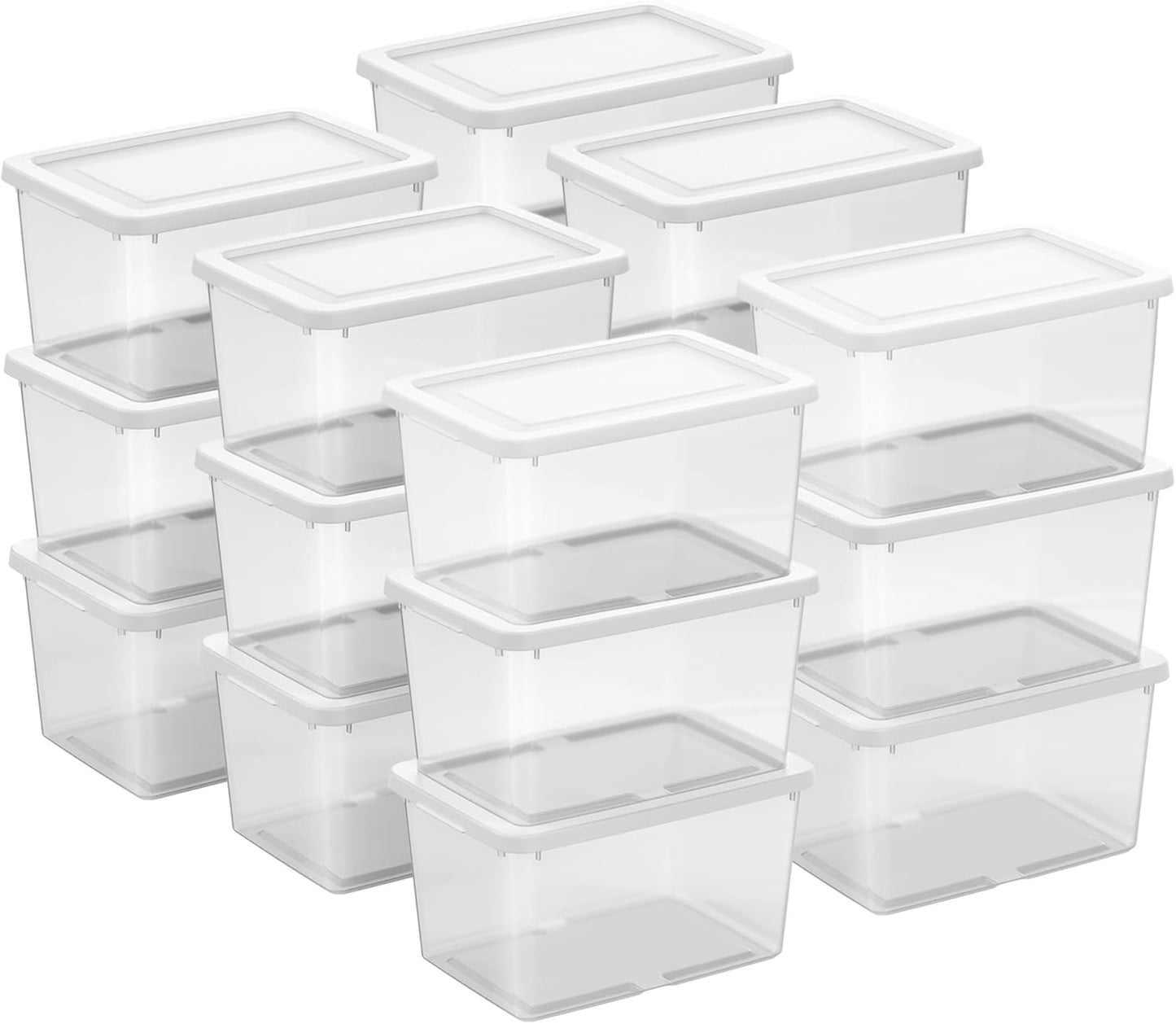 Sterilite 6 Pack Storage Box, 41 Quart Stackable Tote, Clear Plastic Container with Secure Snapping White Lids for Home and Office Organization