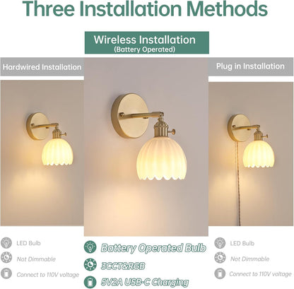Shenmoyl Vintage Battery Operated Wall Sconce with Transparent Tulip Glass Lampshade Rechargeable Battery Powered Wall Light with Remote Control for Bedside Bedroom Doorway, Set of 2
