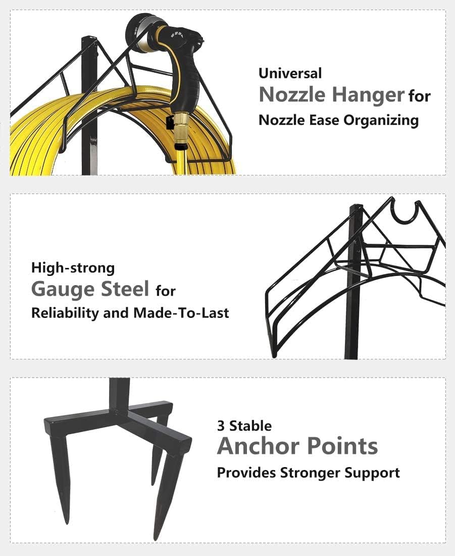 Artigarden Freestanding Garden Hose Holder Hanger, Outdoor Heavy Duty Metal Water Hose Storage Holders Stand Organizer Rack Detachable Stake, Holds 150 Ft of Hoses for Outside Lawn Yard, Black