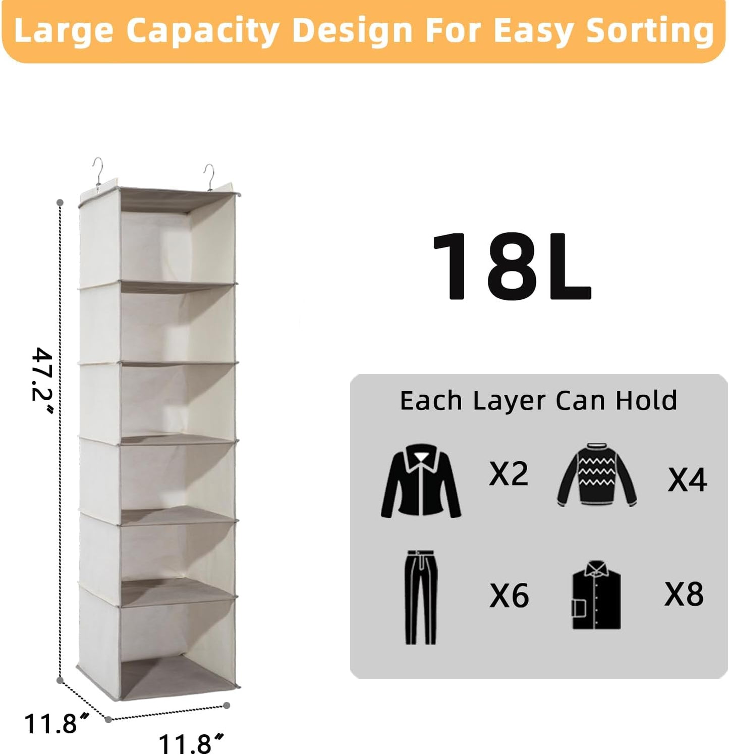 2 Packs Hanging Closet Organizer, 4-Shelf Closet Organizers and Storage with Side Pockets, Collapsible Hanging Shelves for Closet & RV & College Dorm,Beige