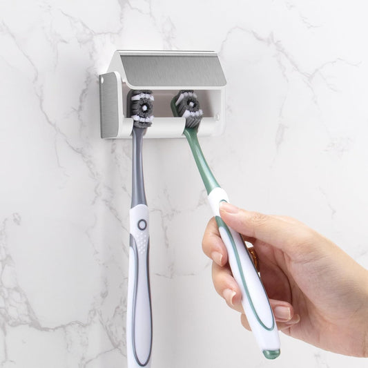 PARKMANI 2 PCS Toothbrush Holders Wall Mounted with Cover, Electric Tooth Brushing Holder for Bathroom, 2 Slots Self Adhesive Toothbrush Organizer for Family, Kids (2, Brushed Silver)