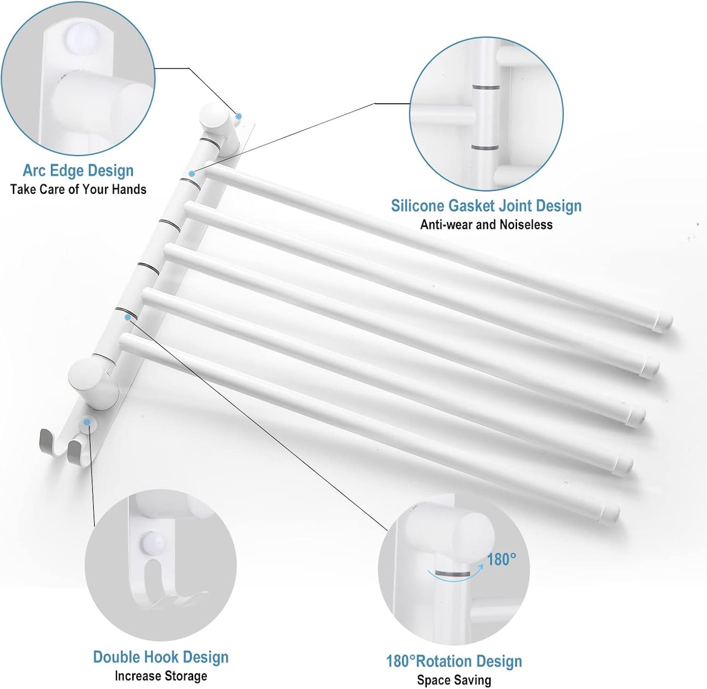 5-Arm Swivel Towel Rack - 180° Rotating Wall Mounted, 304 Stainless Steel Rustproof, Heavy Duty Bathroom Accessories, Space Saving Towel Organizer for Bathroom Kitchen Laundry - Pearl White