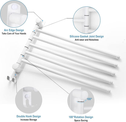 5-Arm Swivel Towel Rack - 180° Rotating Wall Mounted, 304 Stainless Steel Rustproof, Heavy Duty Bathroom Accessories, Space Saving Towel Organizer for Bathroom Kitchen Laundry - Pearl White