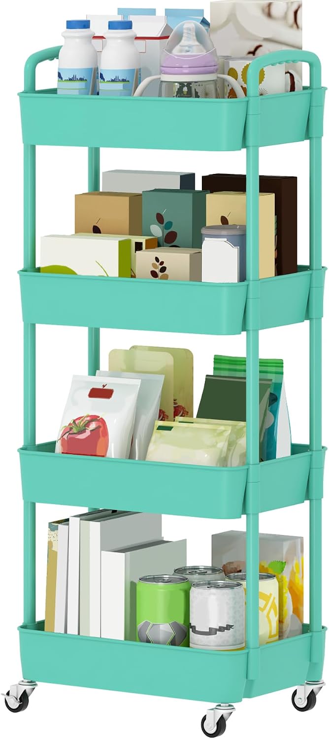 Sywhitta 4-Tier Plastic Rolling Utility Cart with Handle, Multi-Functional Storage Trolley for Office, Living Room, Kitchen, Movable Storage Organizer with Wheels, Black